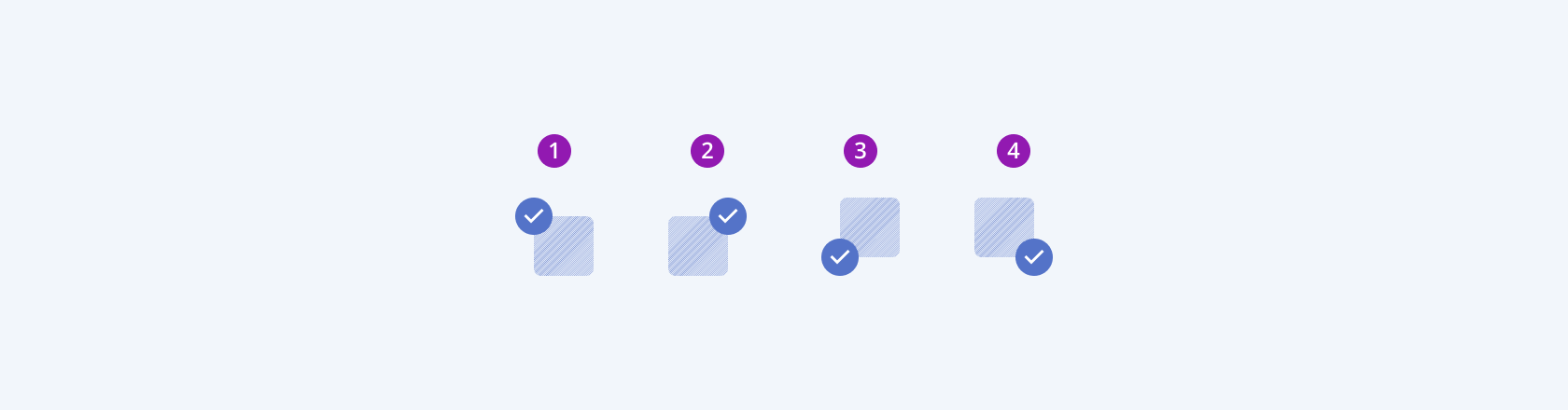 Available alignment options in the Telerik and Kendo UI Badge component including horizontal start, hoziontal end, vertical top, and vertical bottom. Four Telerik and Kendo UI Badge components demonstrating the horizontal and vertical alignment options.