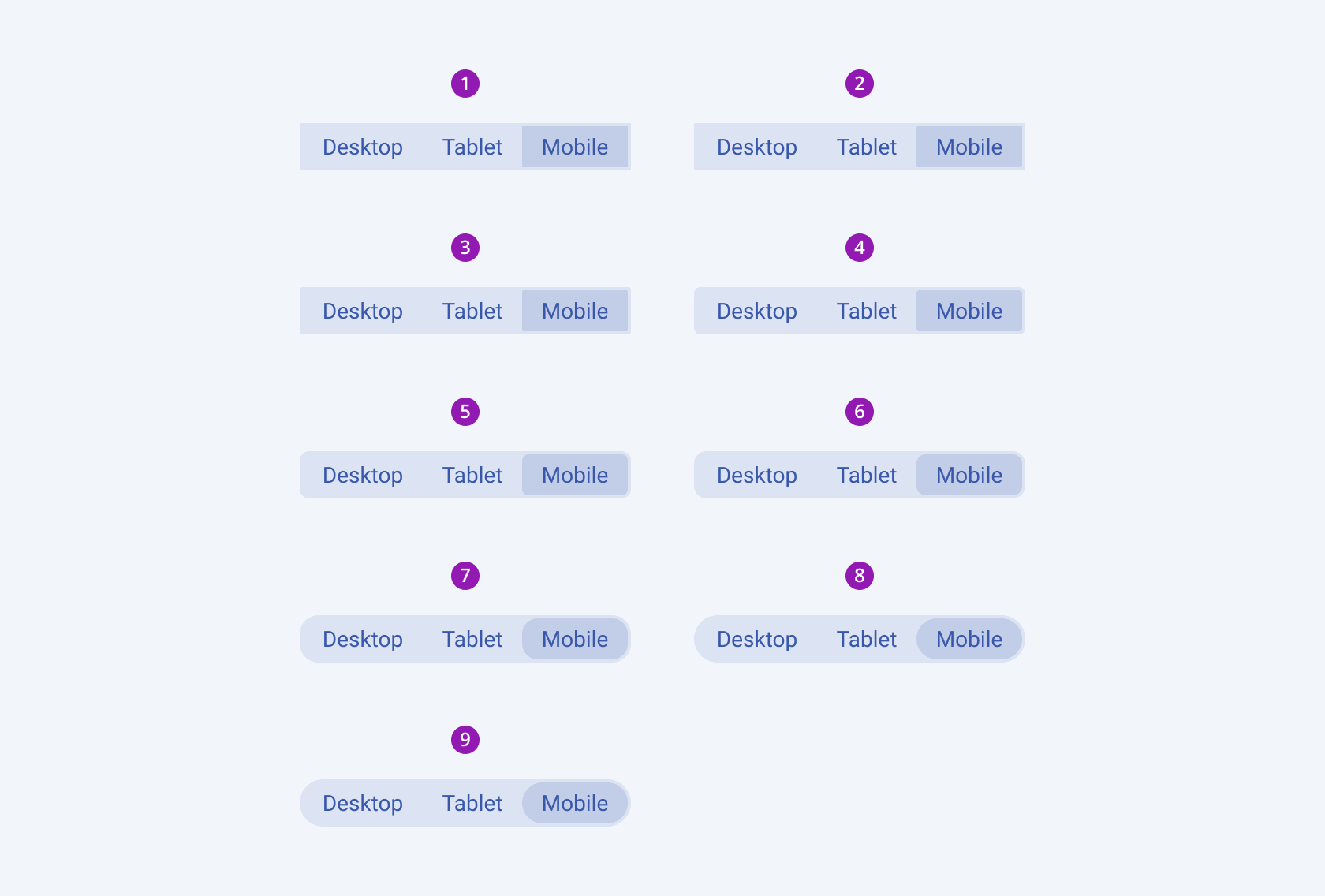 Available border radiuses in the Telerik and Kendo UI ButtonGroup component including small, default medium, large, and full. Four Telerik and Kendo UI ButtonGroup components demonstrating the small, default medium, large, and full border radiuses respectively.