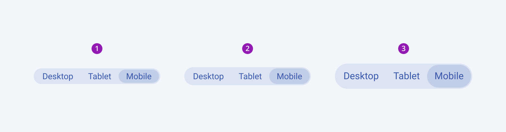 Available sizes in the Telerik and Kendo UI ButtonGroup component including small, default medium, and large. Three Telerik and Kendo UI ButtonGroup components demonstrating the small, default medium, and large sizes respectively.