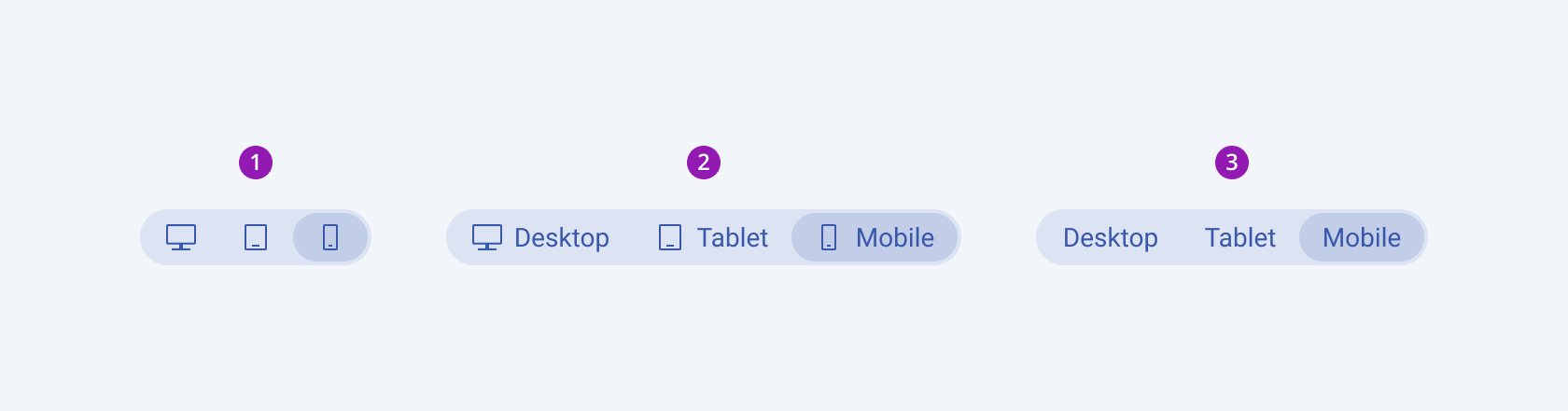 Three available variants in the Telerik and Kendo UI ButtonGroup component including a group of icon-only, icon-and-text, and text-only buttons. Three variants of the Telerik and Kendo UI ButtonGroup component showing a group of three icon-only buttons, a group of three icon-and-text buttons, and a group of three text-only buttons.