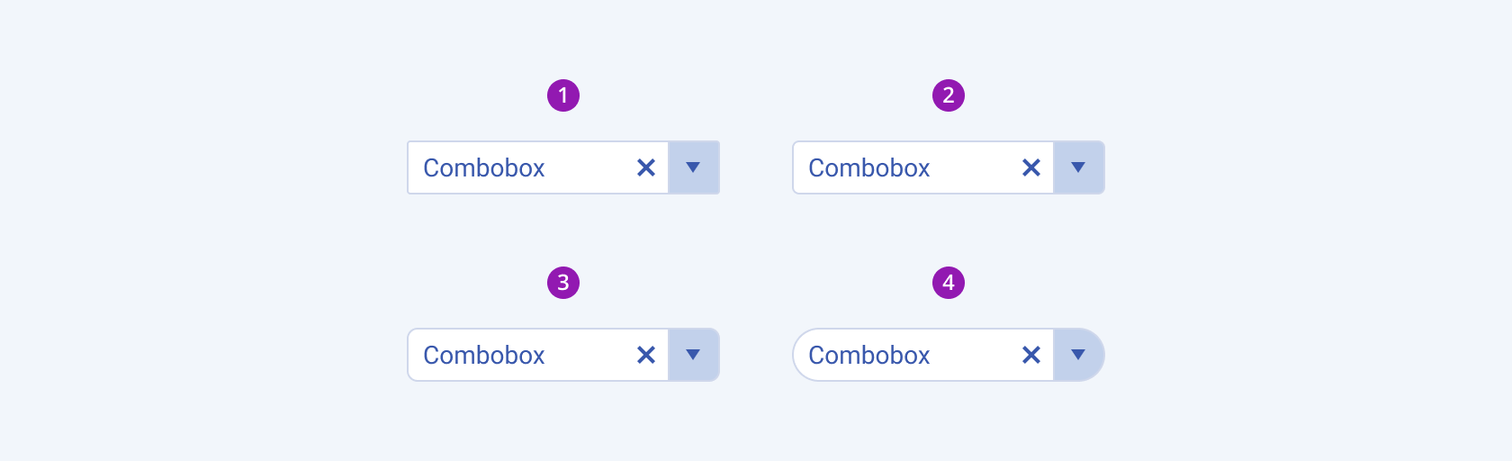 Available border radiuses in the Telerik and Kendo UI ComboBox component including small, default medium, large, and full. Four Telerik and Kendo UI ComboBox components demonstrating the small, default medium, large, and full fill modes respectively.