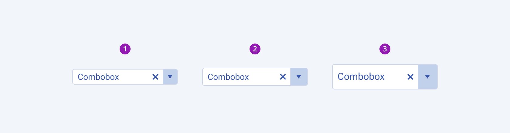 Available sizes in the Telerik and Kendo UI ComboBox component including small, default medium, and large. Three Telerik and Kendo UI ComboBox components demonstrating the small, default medium, and large sizes respectively.