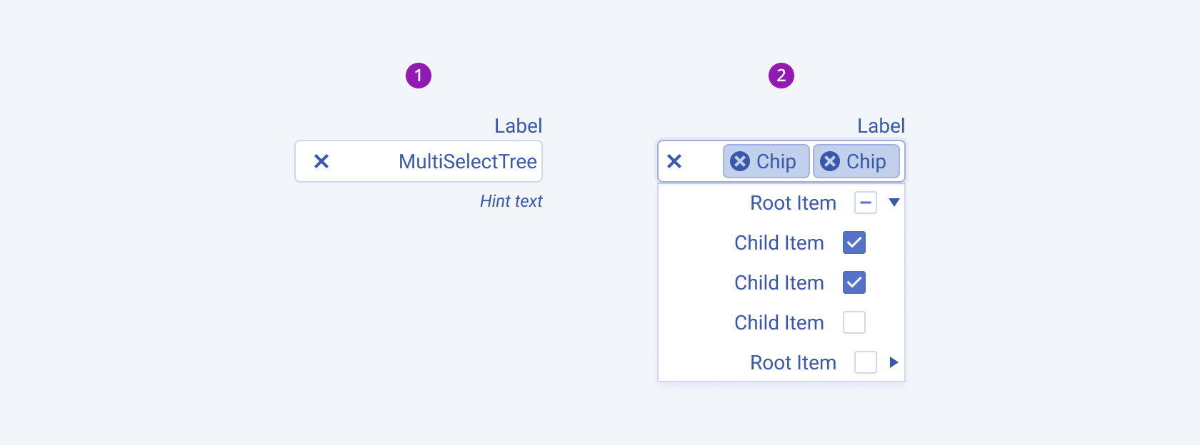 Collapsed and expanded states of a Telerik and Kendo UI MultiSelectTree demonstrating the right-to-left option. A Telerik and Kendo UI MultiSelectTree component in collapsed and expanded state demonstrating the right-to-left option.