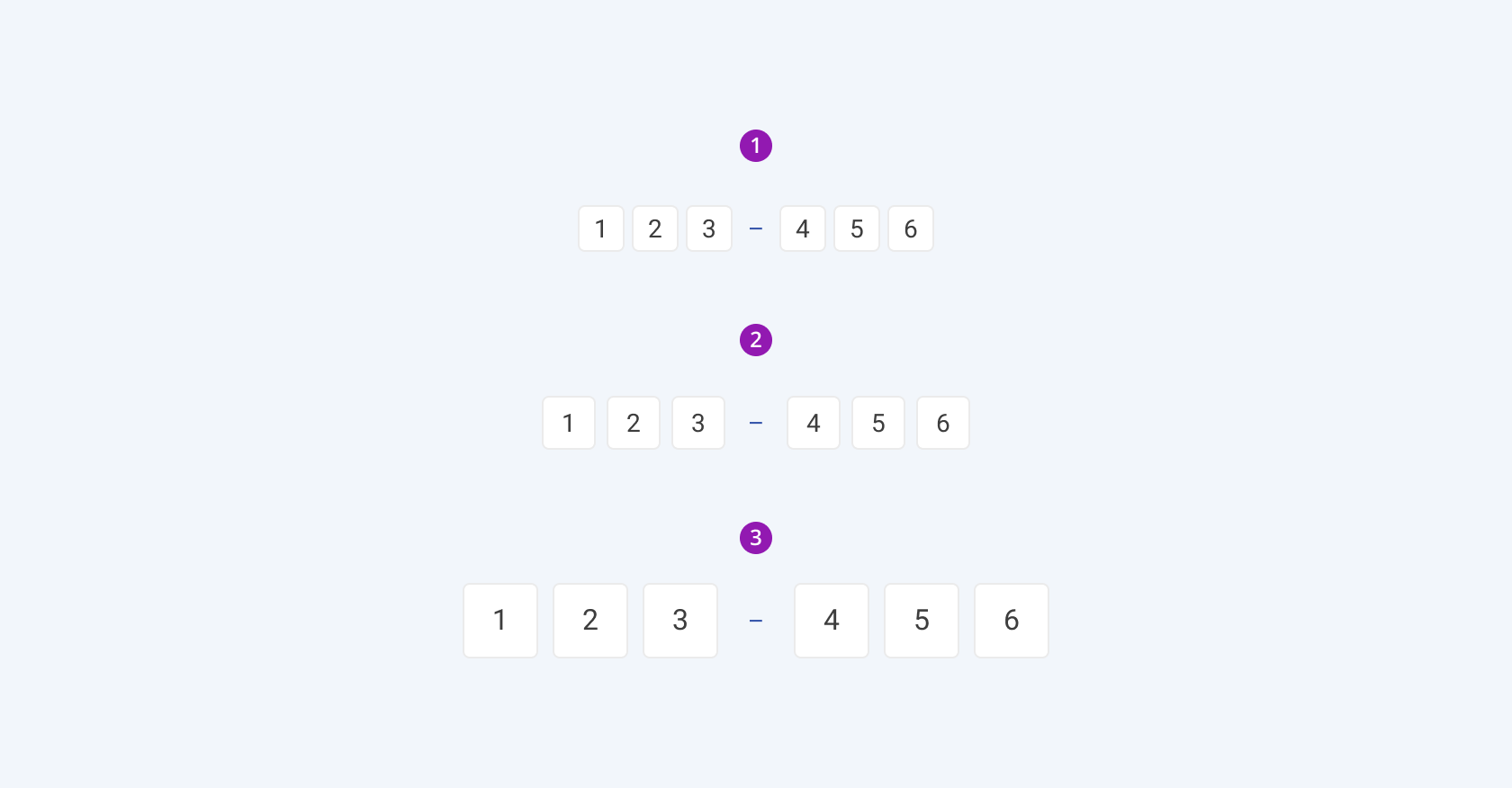Available sizes in the Telerik and Kendo UI OTP Input component including small, default medium, and large. Three Telerik and Kendo UI OTP Input components demonstrating the small, default medium, and large sizes respectively.