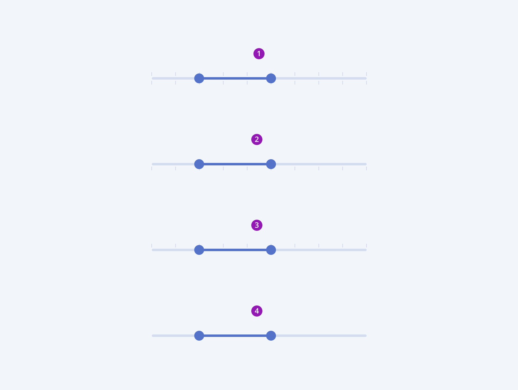 The Ticks placement of the Telerik and Kendo UI RangeSlider The Telerik and Kendo UI RangeSlider component demonstrating the track ticks placement and appearance - top and bottom, bottom only, top only, none