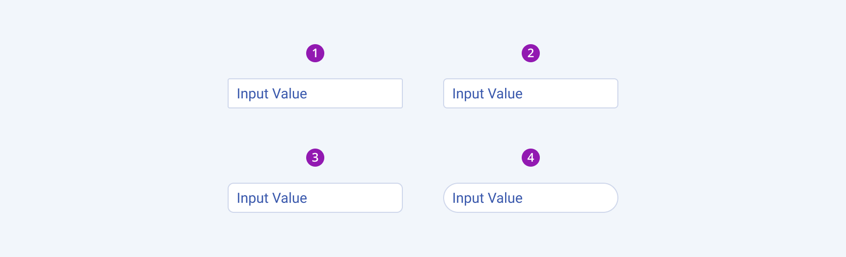 Available border radiuses in the Telerik and Kendo UI TextBox component including small, default medium, and large. Three Telerik and Kendo UI TextBox components demonstrating the small, default medium, and large fill modes respectively.
