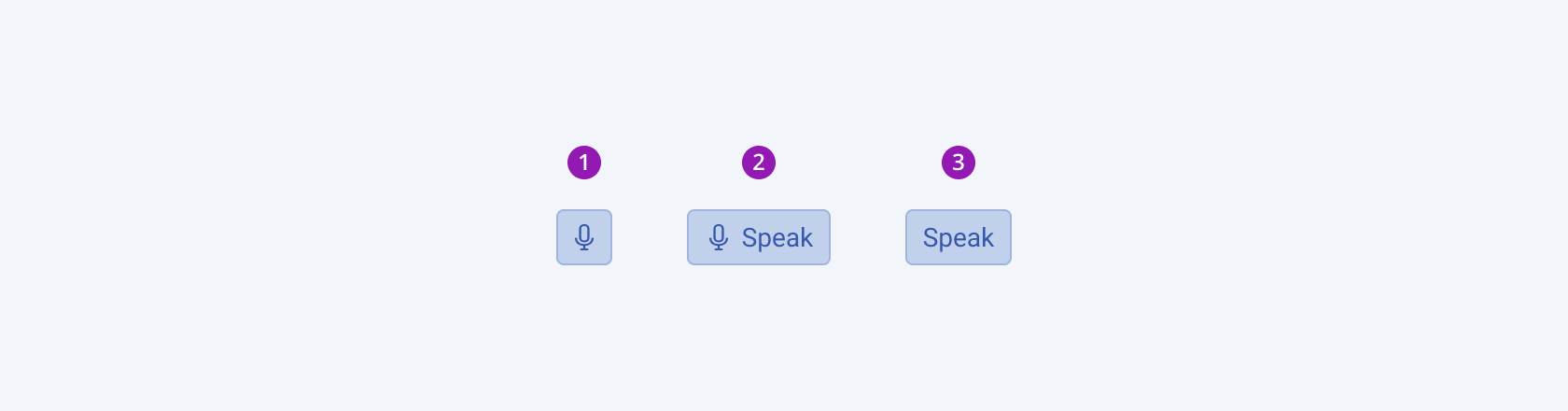 Three available variants of the Telerik and Kendo UI SpeechToTextButton component including an icon-only, icon-and-text, and text-only buttons. Three variants of the Telerik and Kendo UI SpeechToTextButton component showing an icon-only button, an icon-and-text button, and a text-only button.