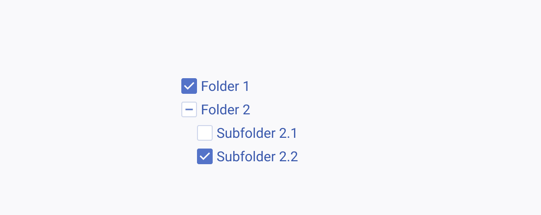 Render a Telerik and Kendo UI Checkbox in its indeterminate state for showing that not all of its child options are selected. A root-level Telerik and Kendo UI Checkbox in its indeterminate state indicating that not all of the group options it contains have been selected.