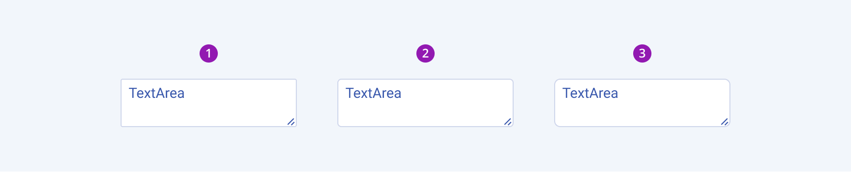 Available border radiuses in the Telerik and Kendo UI TextArea component including small, default medium, and large. Three Telerik and Kendo UI TextArea components demonstrating the small, default medium, and large fill modes respectively.