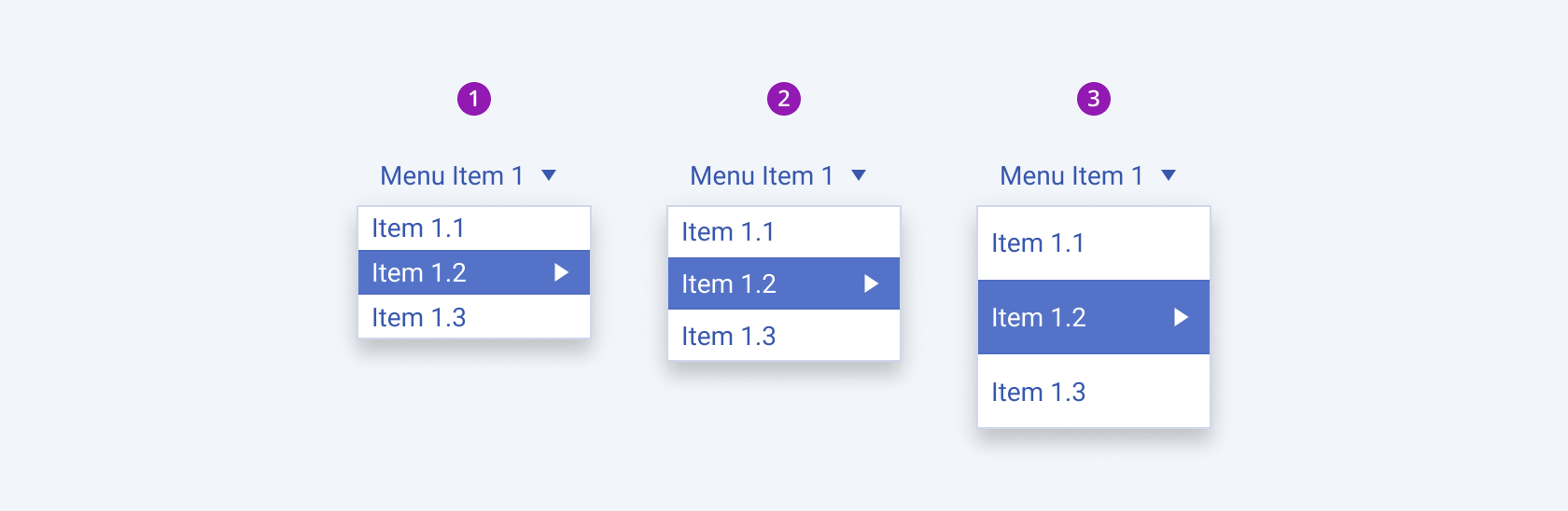 Available sizes of the submenu items in the Telerik and Kendo UI Menu component including small, default medium, and large. Three Telerik and Kendo UI Menu components demonstrating the small, default medium, and large sizes of the submenu items..