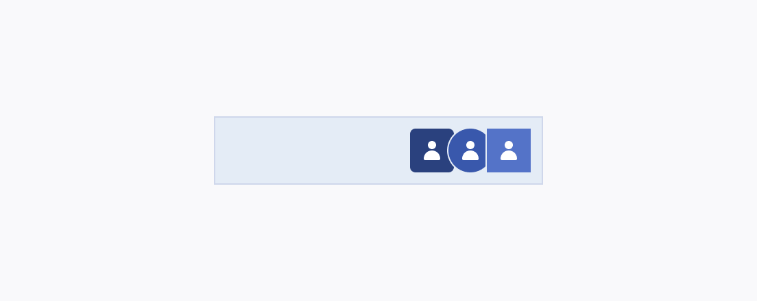 Do not combine Telerik and Kendo UI Avatars that are of different sizes, fill modes, and border radiuses inside a single component. Three Telerik and Kendo UI Avatars using different sizing, fill mode, and border radius in a container that wraps them.