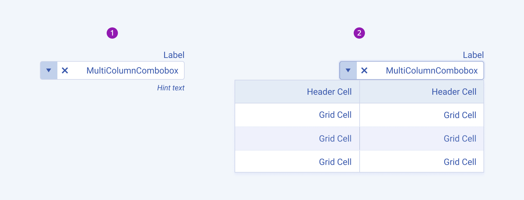 Collapsed and expanded states of a Telerik and Kendo UI MultiColumnComboBox demonstrating the right-to-left option. A Telerik and Kendo UI MultiColumnComboBox component in collapsed and expanded state demonstrating the right-to-left option.