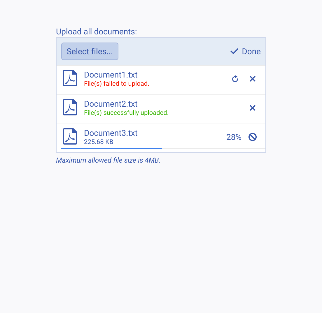 Use the Telerik and Kendo UI Upload option for uploading multiple files to save space and reduce the visual noise. A Telerik and Kendo UI Upload that demonstrates multiple files uploading with different statuses.
