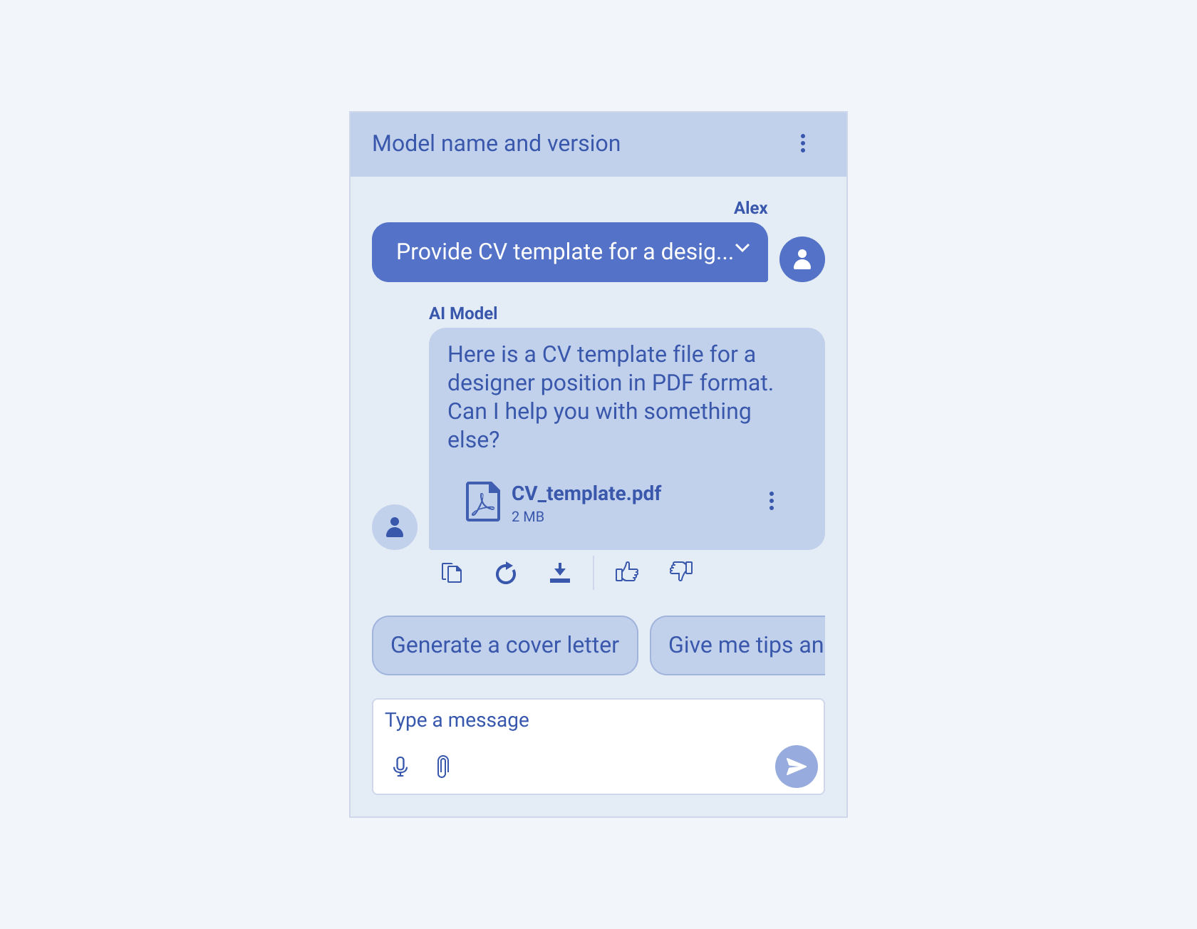 View of the Telerik and Kendo Chat component used for person-to-ai model conversation View of the Telerik and Kendo UI Chat component including a chat with collapsable message bubble, message toolbar, and prompt suggestions
