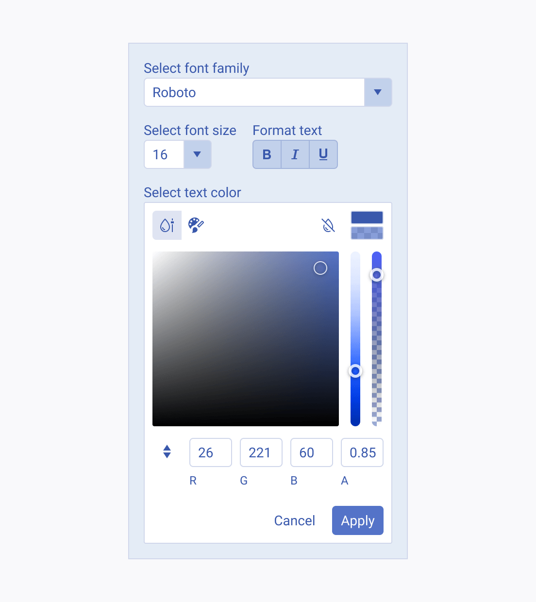 Use a Telerik and Kendo UI FlatColorPicker where ample space is available. A Telerik and Kendo UI FlatColorPicker within a sidebar