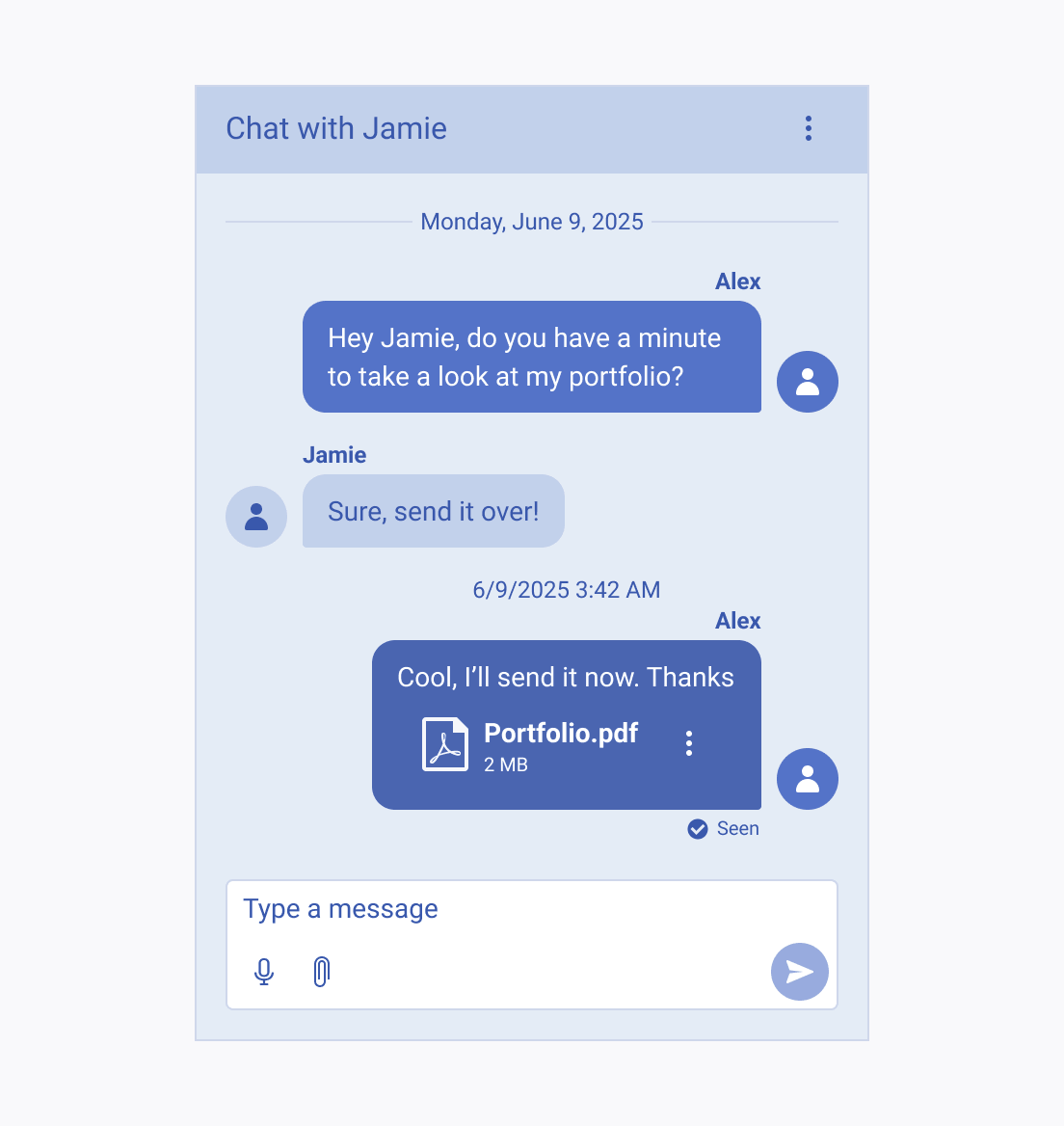 Use message markers such as time message and status for person-to-person conversation only. Telerik and Kendo UI Chat showcasing message markers for asynchronous communication such as time message and status elements.