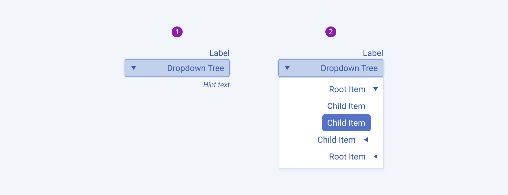 Collapsed and expanded states of a Telerik and Kendo UI DropDownTree demonstrating the right-to-left option. A Telerik and Kendo UI DropDownTree in collapsed and expanded state demonstrating the right-to-left option.