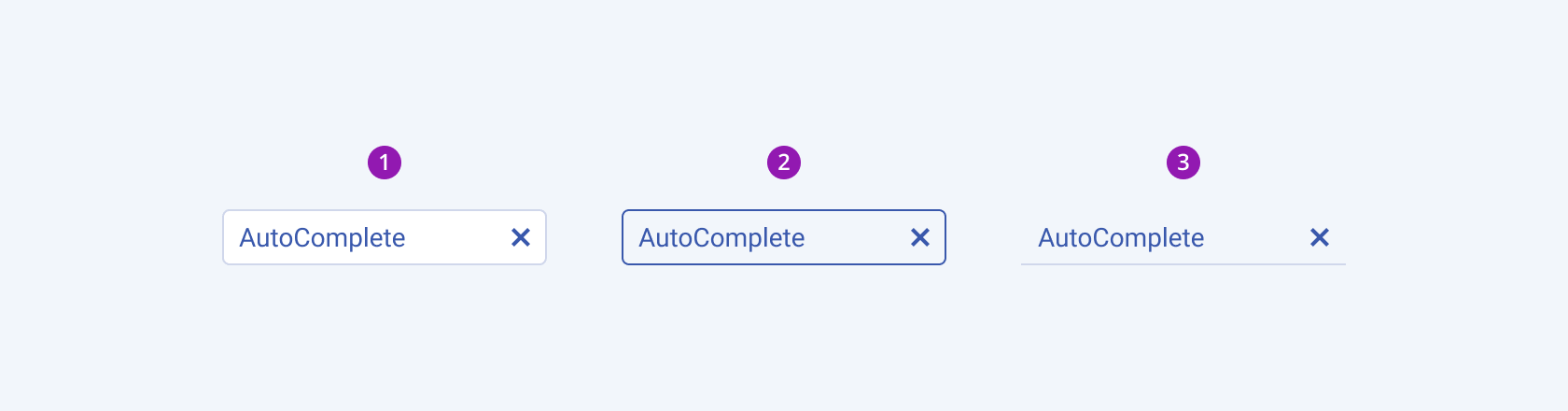 Available fill modes in the Telerik and Kendo UI AutoComplete component including default solid, outline, and flat. Three Telerik and Kendo UI AutoComplete components demonstrating the default solid, outline, and flat fill modes respectively.