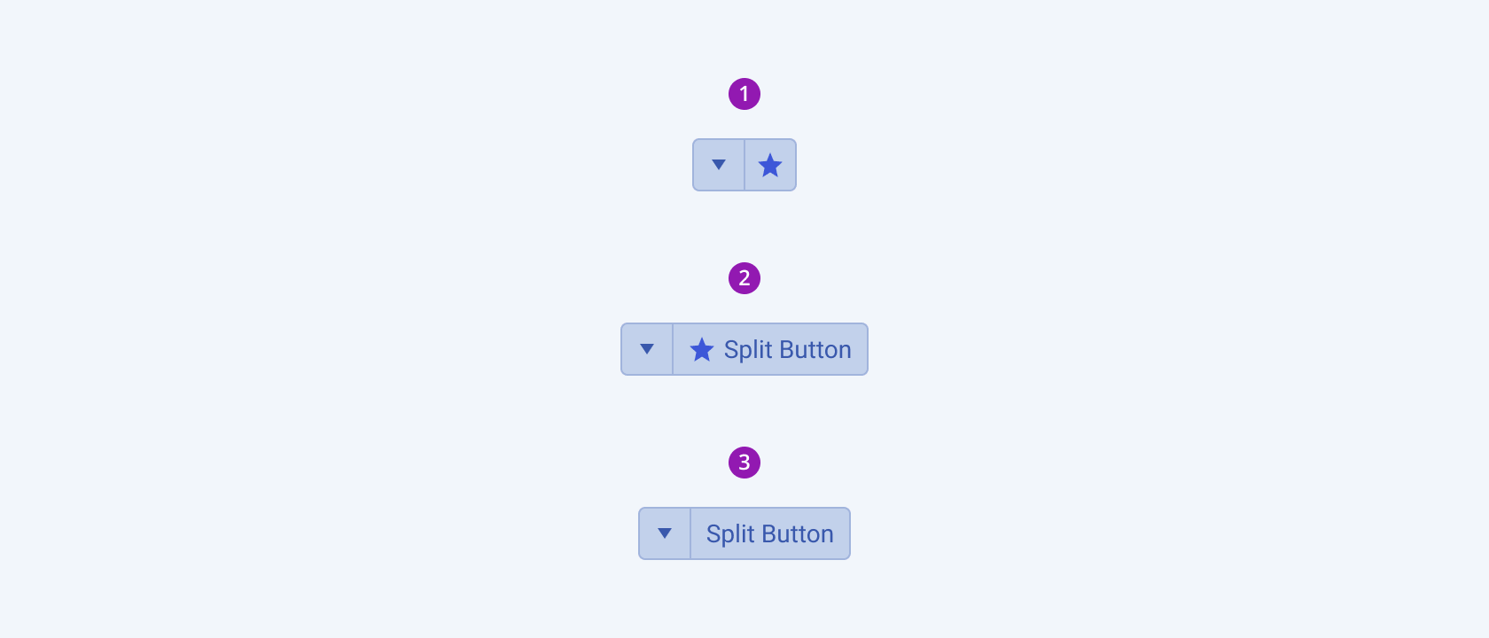 Three available variants in the Telerik and Kendo UI SplitButton component including a group of icon-only, icon-and-text, and text-only SplitButtons using right-to-left option. Three variants of the Telerik and Kendo UI SplitButton component showing the right-to-left option displaying an icon-only SplitButton, an icon-and-text SplitButton, and a text-ony SplitButton.