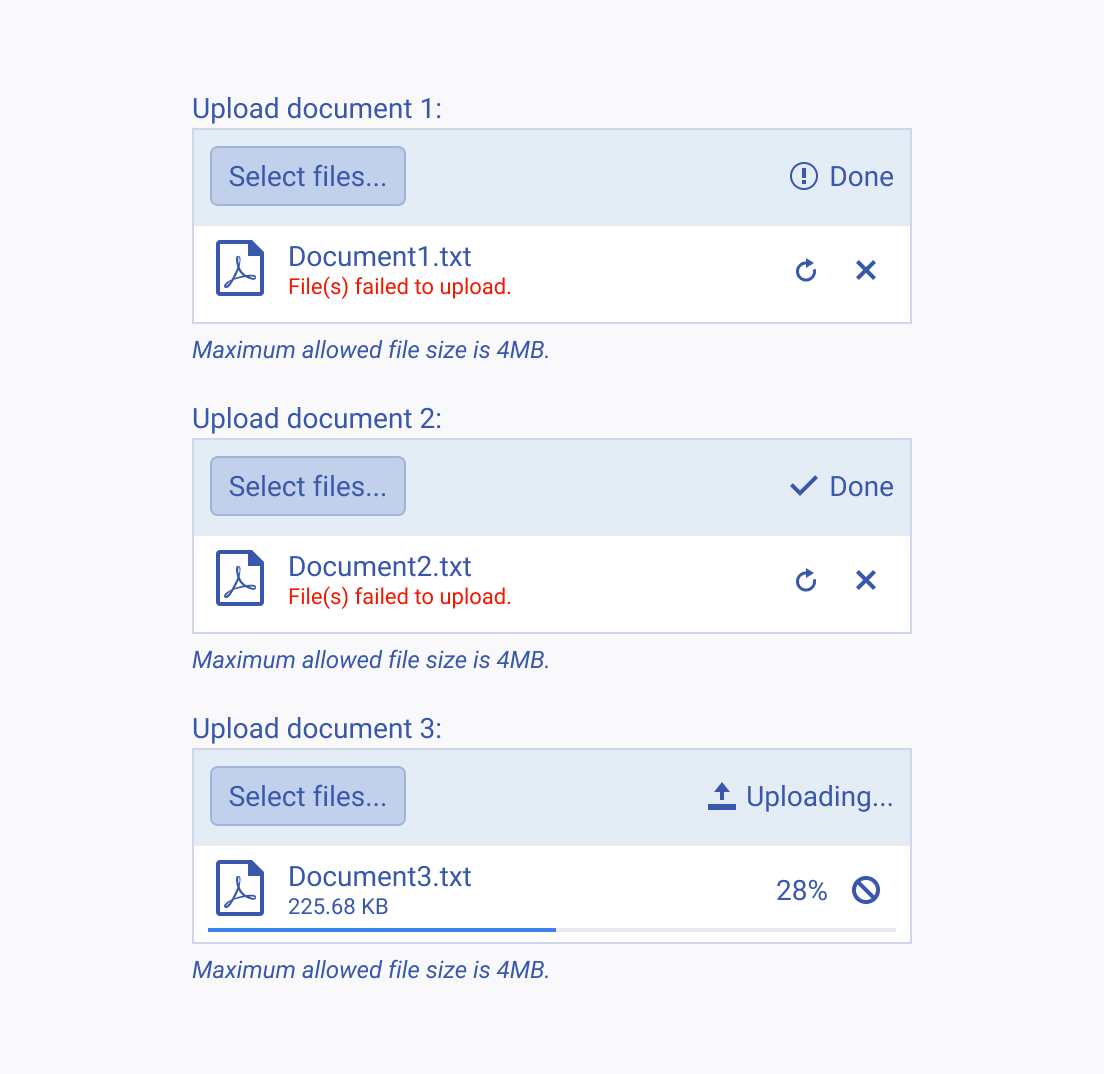 Do not use multiple Telerik and Kendo UI Uploads for files that can be unified into a single Upload. Multiple Telerik and Kendo UI Uploads showing separate files with different statuses.