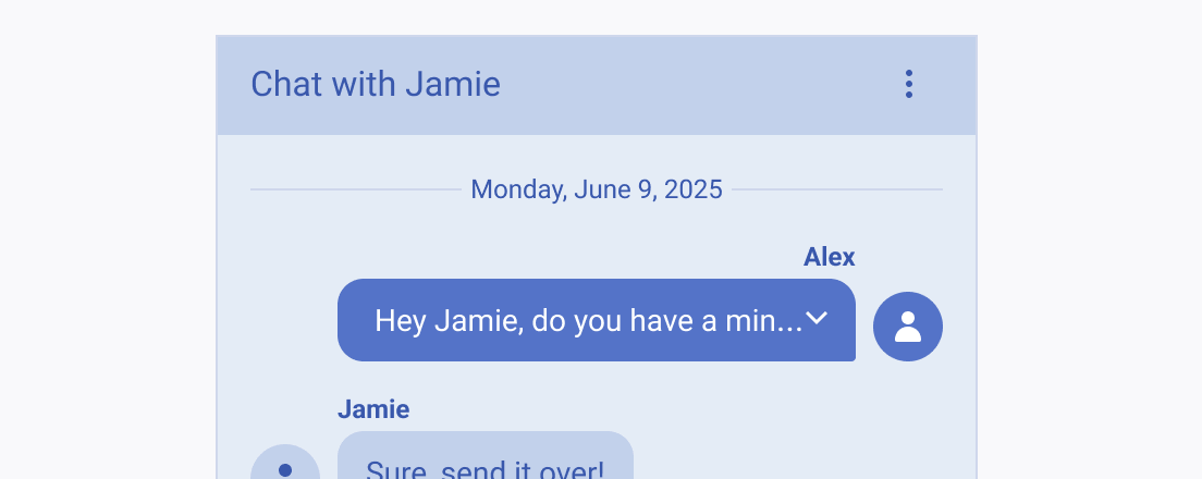 Do not use collapsible message bubbles for messages of equal importance that should not be hidden. A Telerik and Kendo UI Chat showing a collapsible message bubble in the context of person-to-person conversation.