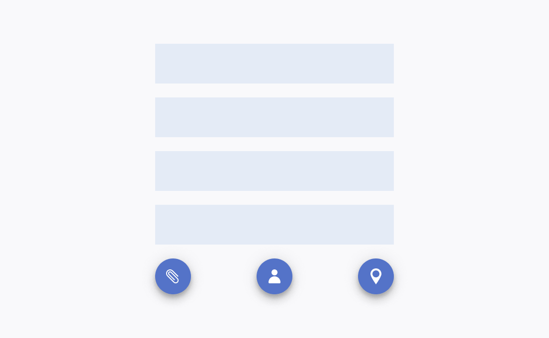 Do not render Telerik and Kendo UI FloatingActionButton with the same fill mode and color if they imply different levels of importance. Three Telerik and Kendo UI FloatingActionButton with the same fill mode and color in a container.