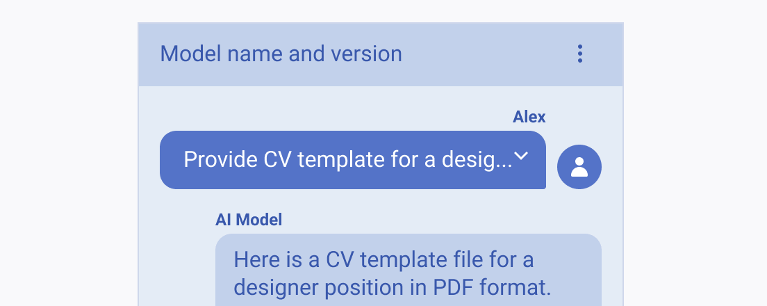 Use collapsible prompt messages for person-to-AI model conversations only where the prompt might be long and would not need to take too much vertical space. A Telerik and Kendo UI Chat displaying person-to-AI model conversation with collapsible prompt message.