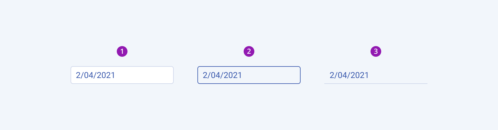 Available fill modes in the Telerik and Kendo UI DateInput component including default solid, outline, and flat. Three Telerik and Kendo UI DateInput components demonstrating the default solid, outline, and flat fill modes respectively.