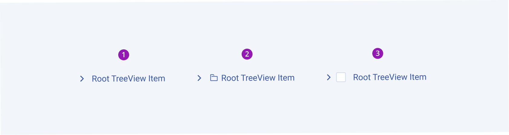 Three variants of the Telerik and Kendo UI TreeView component items including item with text label, item with icon, and item with checkbox