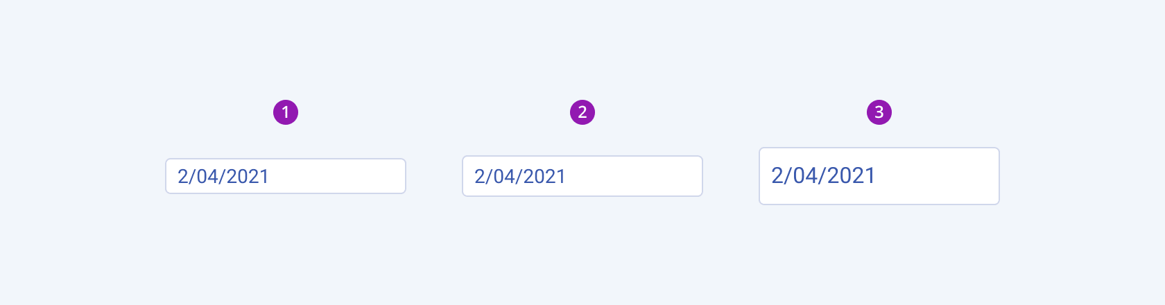 Available sizes in the Telerik and Kendo UI DateInput component including small, default medium, and large. Three Telerik and Kendo UI DateInput components demonstrating the small, default medium, and large sizes respectively.
