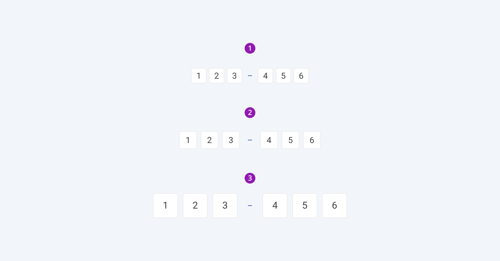 Available sizes in the Telerik and Kendo UI OTP Input component including small, default medium, and large. Three Telerik and Kendo UI OTP Input components demonstrating the small, default medium, and large sizes respectively.