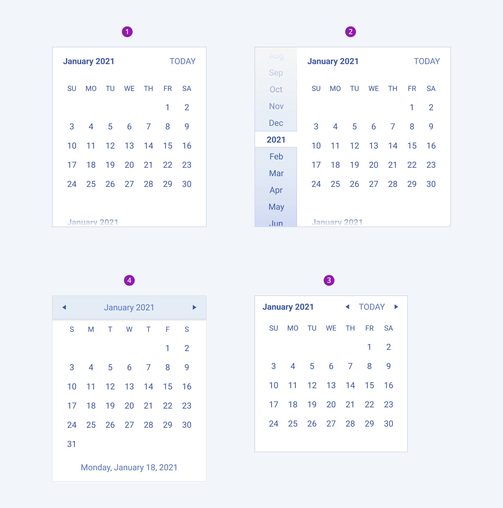Variants of a Telerik and Kendo UI Calendar component A Telerik and Kendo UI Calendar component variants