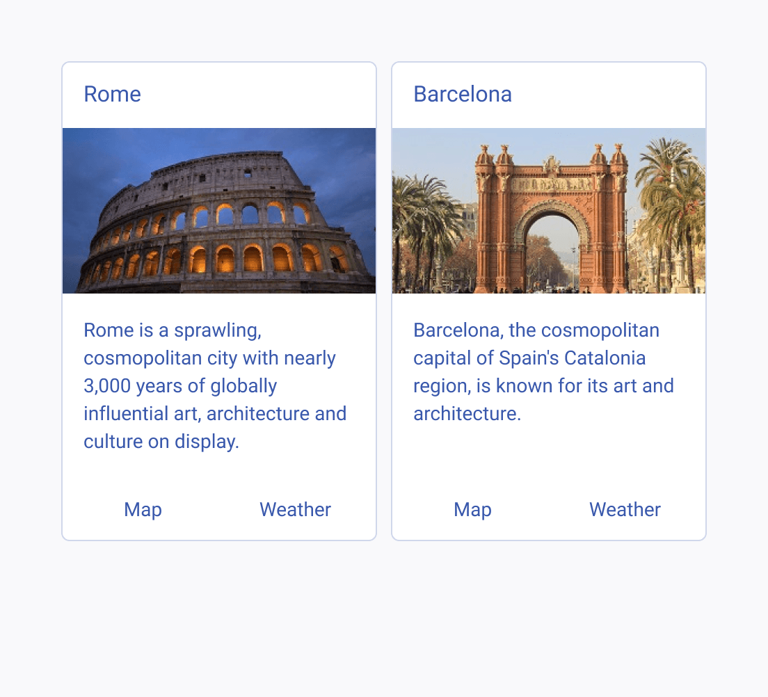 Apply a consistent UI for Telerik and Kendo UI Cards arranged into a group. Two Telerik and Kendo UI Cards within a group, both using the same style and composite elements
