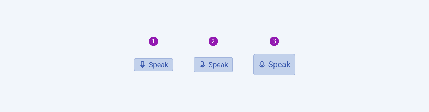 Available sizes in the Telerik and Kendo UI SpeechToTextButton component including small, default medium, and large. Three Telerik and Kendo UI SpeechToTextButton components demonstrating the small, medium, and large sizes respectively.