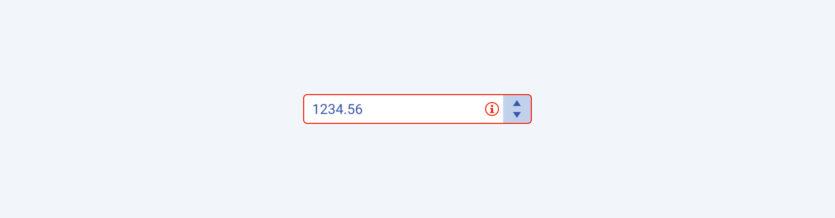 A Telerik and Kendo UI NumericTextBox component rendering a validation visual for implying whether the user input meets the predefined requirements. A Telerik and Kendo UI NumericTextBox component showing a validation visual element.