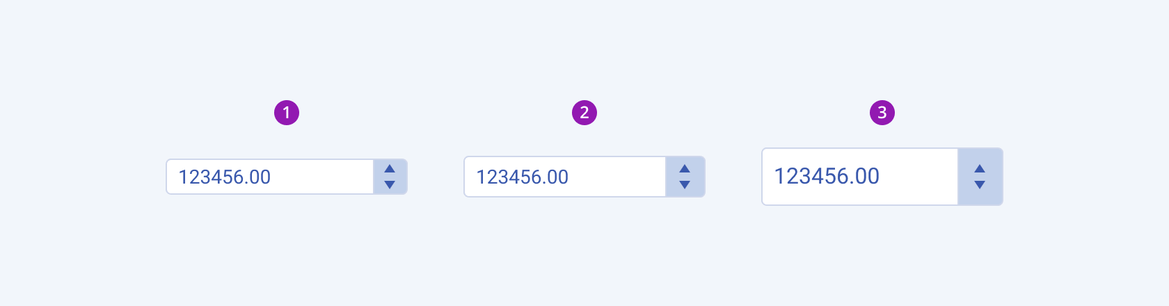 Available sizes in the Telerik and Kendo UI NumericTextBox component including small, default medium, and large. Three Telerik and Kendo UI NumericTextBox components demonstrating the small, default medium, and large sizes respectively.