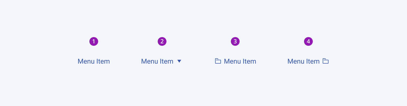 The four possible variants of the Telerik and Kendo UI Menu component A Telerik and Kendo UI Menu component and its possible variants including label only Menu, Menu with expand icon, Menu with icon before, and Menu with icon after