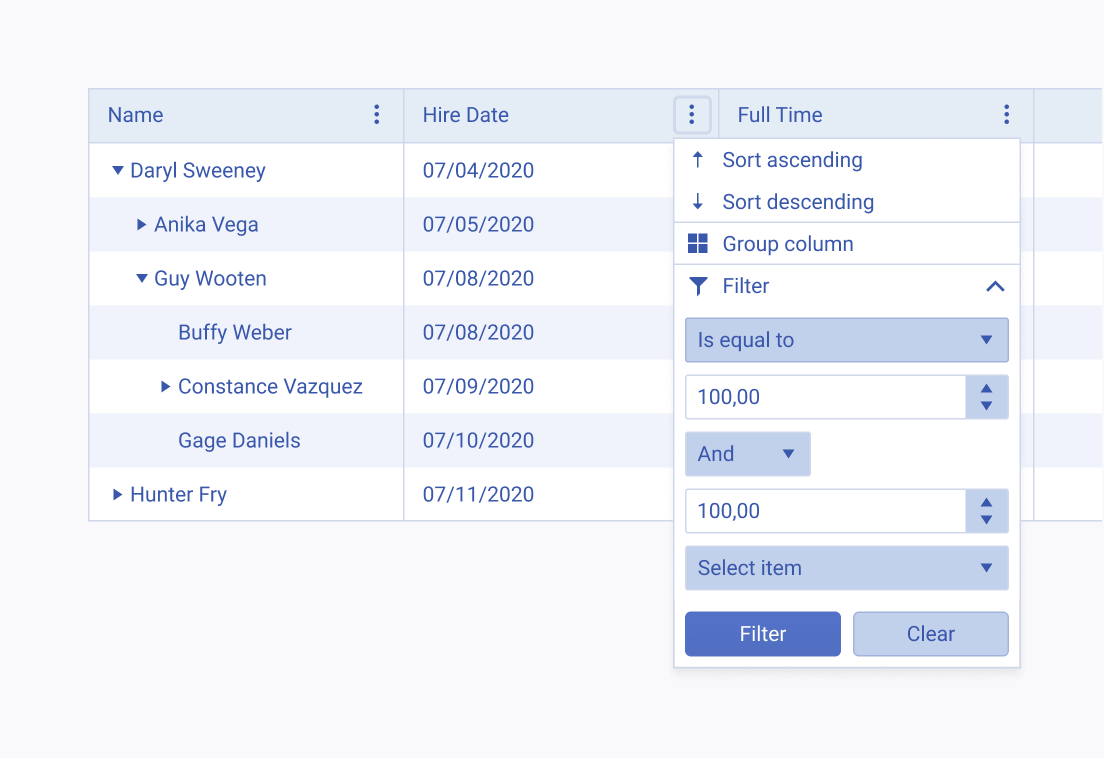 Don't place the filtering options in the column menu of the Telerik and Kendo UI TreeList when filtering is a priority. A Telerik and Kendo UI TreeList with filtering options in the column menu