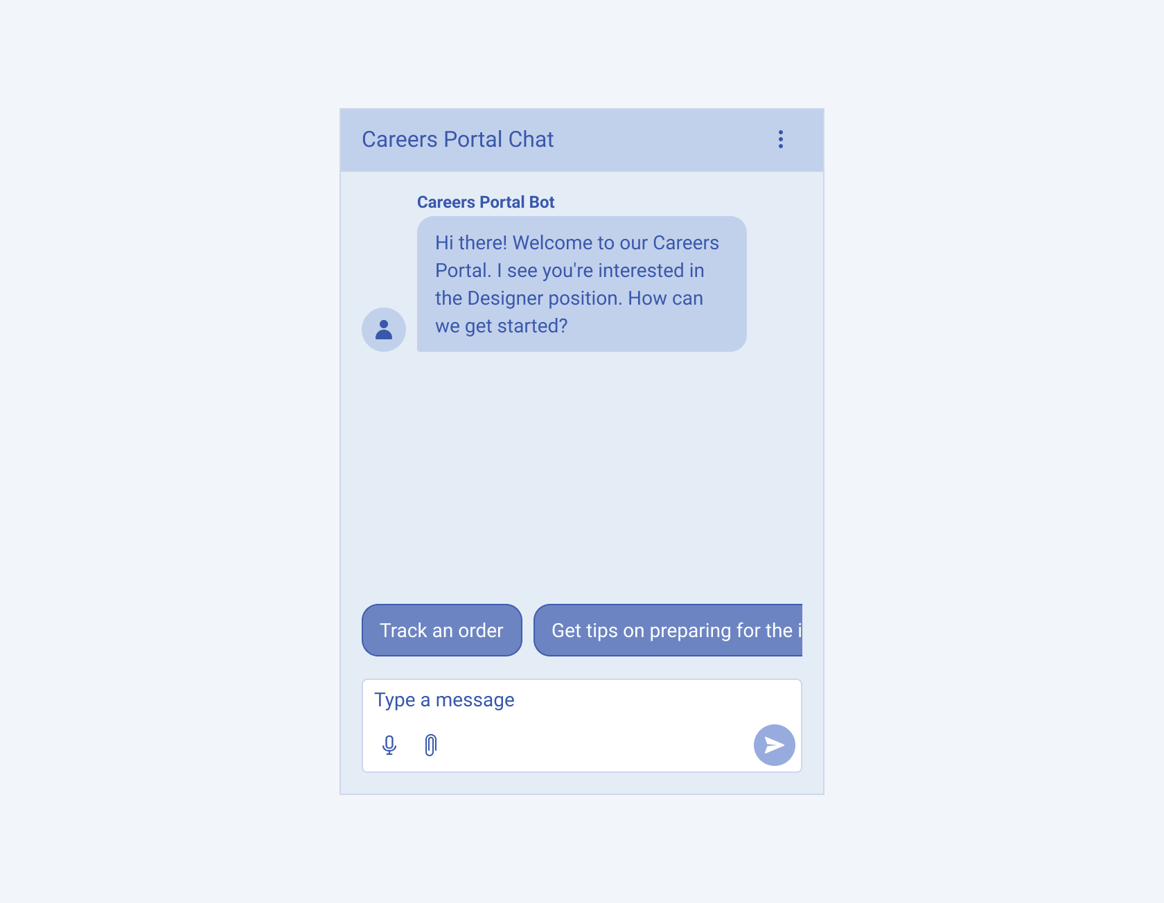 View of the Telerik and Kendo Chat component used for person-to-bot conversation View of the Telerik and Kendo UI Chat component including a chat with quick replies