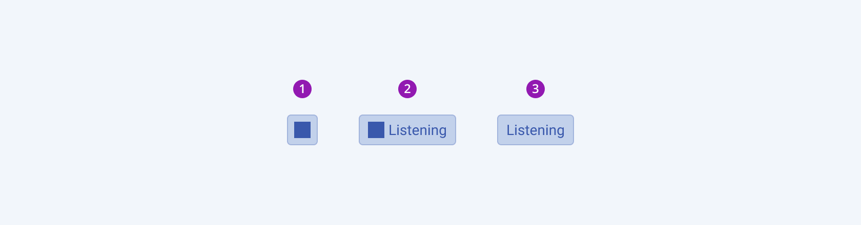 Three variants of the Telerik and Kendo UI SpeechToTextButton component showing an icon-only button, an icon-and-text button, and a text-only button in their active state.