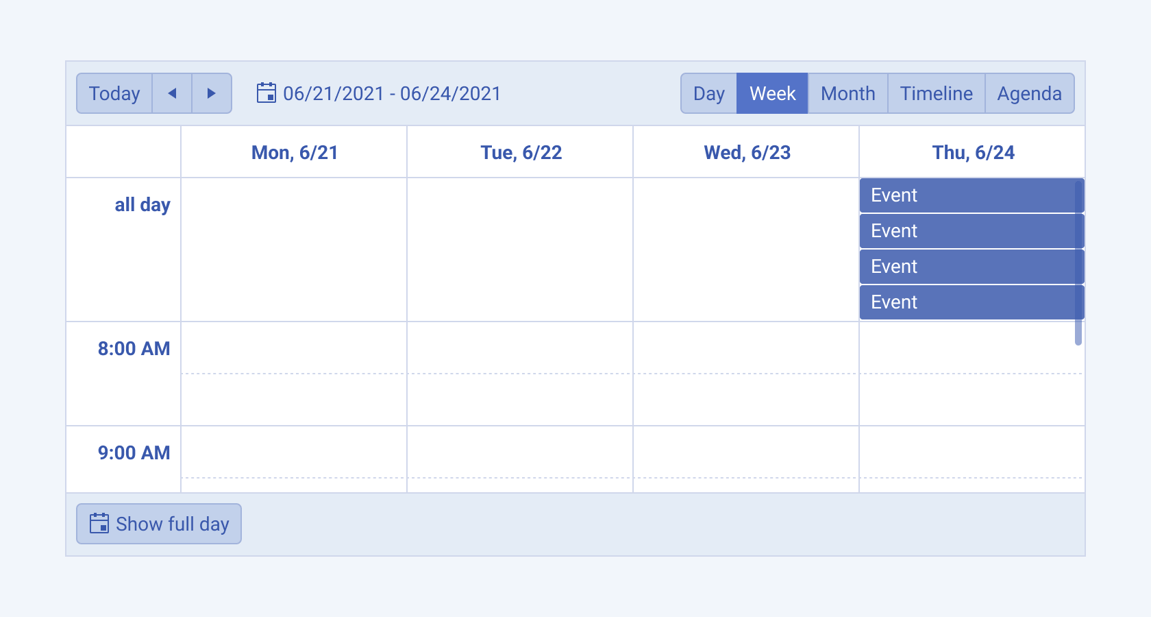 Workweek view for a week starting on Monday of a Telerik and Kendo UI Scheduler component A Telerik and Kendo UI Scheduler component workweek view with Monday as the start day of the week