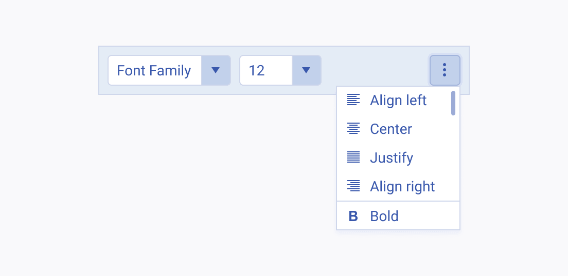 Do not use overflow button to display numerous ToolBar items that fit into a long list and require scrolling. A Telerik and Kendo UI ToolBar showing an overflow popup with a long list of ToolBar items and requiring scrolling.