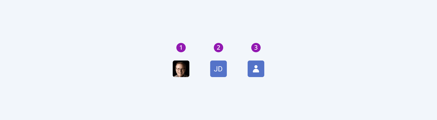 Three available variants in the Telerik and Kendo UI Avatar component including an image, text, and icon avatars. Three variants of the Telerik and Kendo UI Avatar component showing an image avatar, a text avatar, and an icon avatar.