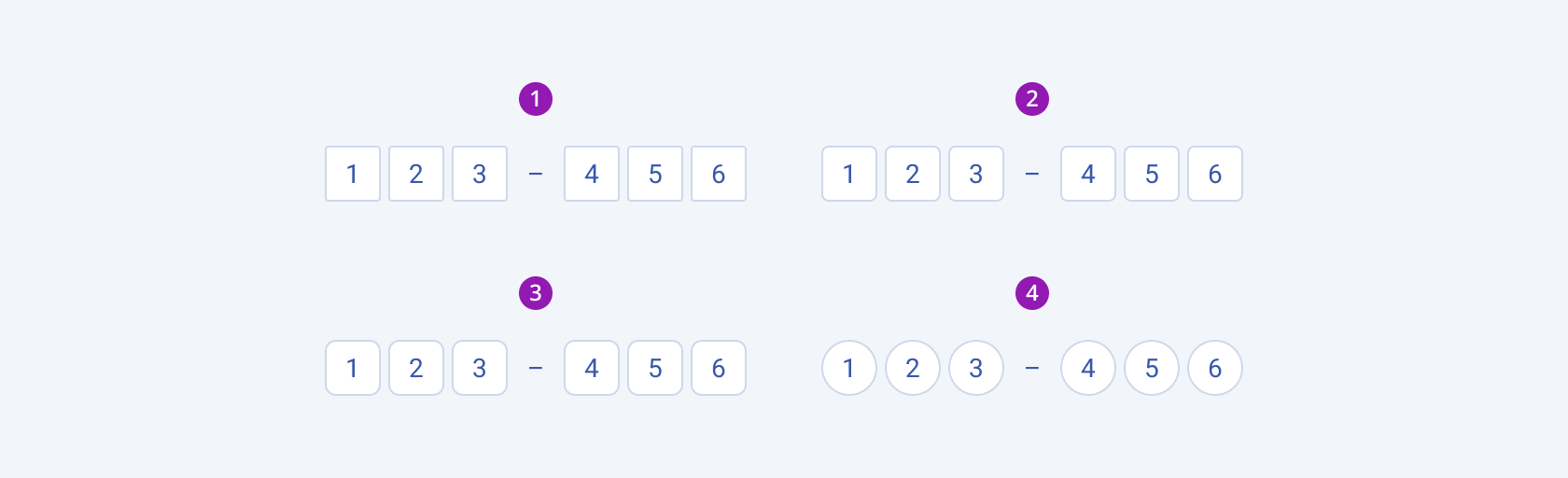 Available border radiuses in the Telerik and Kendo UI OTP Input component including small, default medium, and large. Three Telerik and Kendo UI OTP Input components demonstrating the small, default medium, and large fill modes respectively.