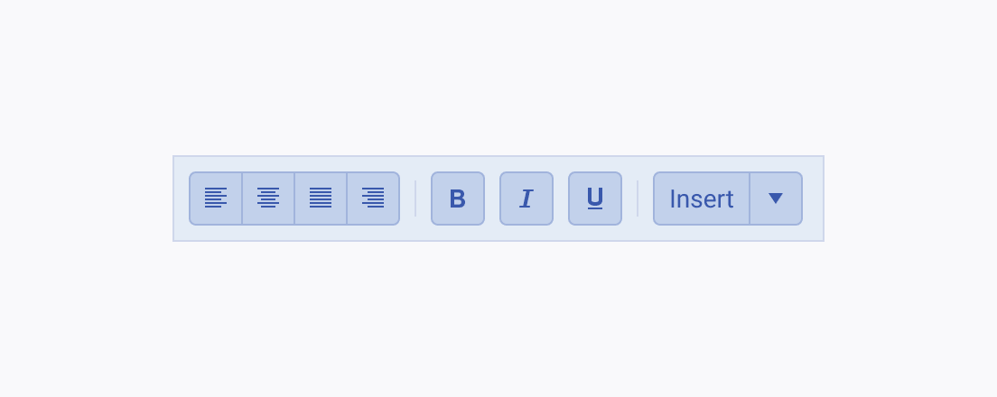 Render Telerik and Kendo UI ToolBar with a few groups of items, divided by separators. A Telerik and Kendo UI ToolBar demonstrating grouping of its items with separators between the semantic groups.
