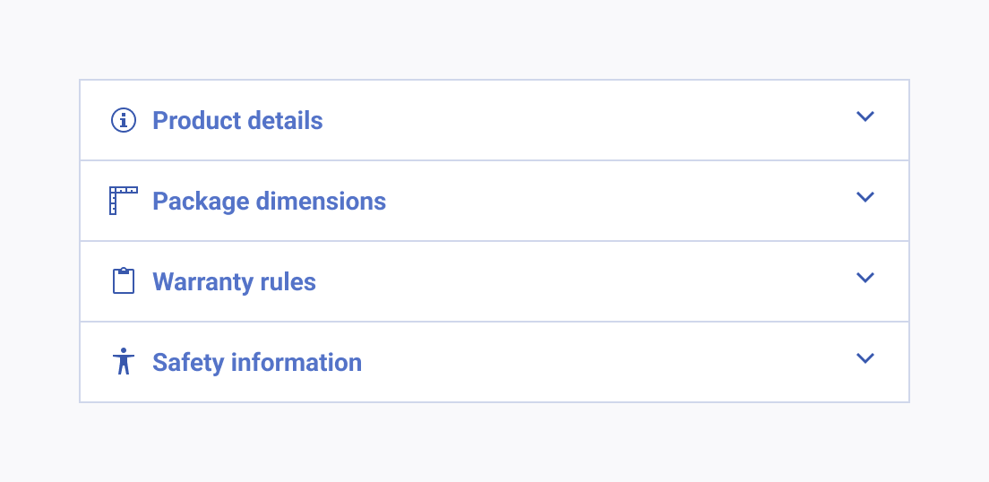 Use icons and descriptive titles when working with the Telerik and Kendo UI ExpansionPanel. A Telerik and Kendo UI ExpansionPanel using icons and descriptive titles