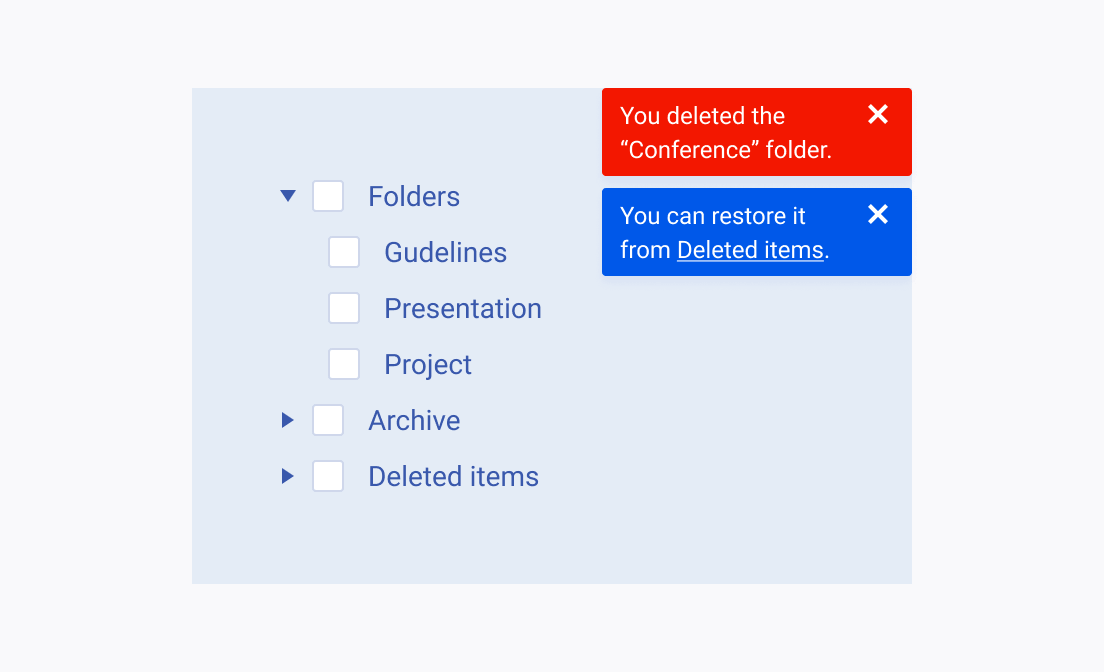 Do not use multiple Notifications for information that can be merged into a single Notification. Inaccurate use of two Telerik and Kendo UI Notifications in different colors containing information that can be merged into a single Notification.