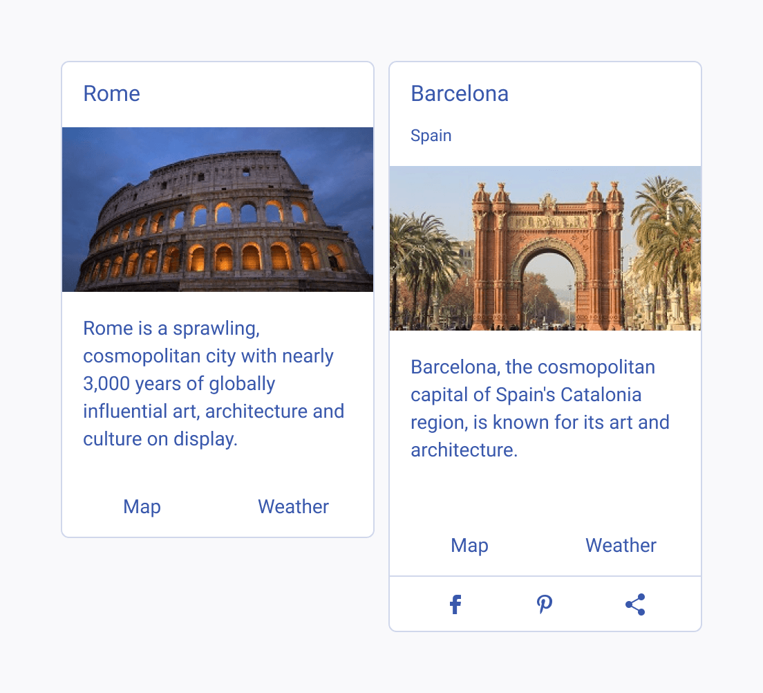 Do not mix UI styles within a group of Telerik and Kendo UI Cards. Two Telerik and Kendo UI Cards within a group, each displaying different composite modules