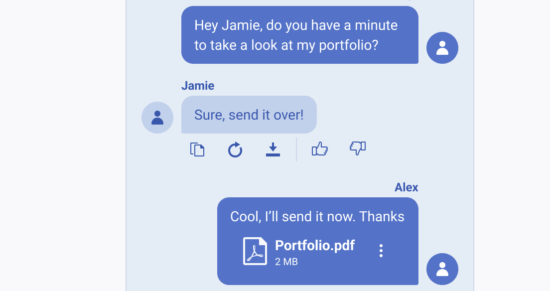 Do not use message toolbar in person-to-person conversation context. A Telerik and Kendo UI Chat used for person-to-person conversation using a message toolbar.