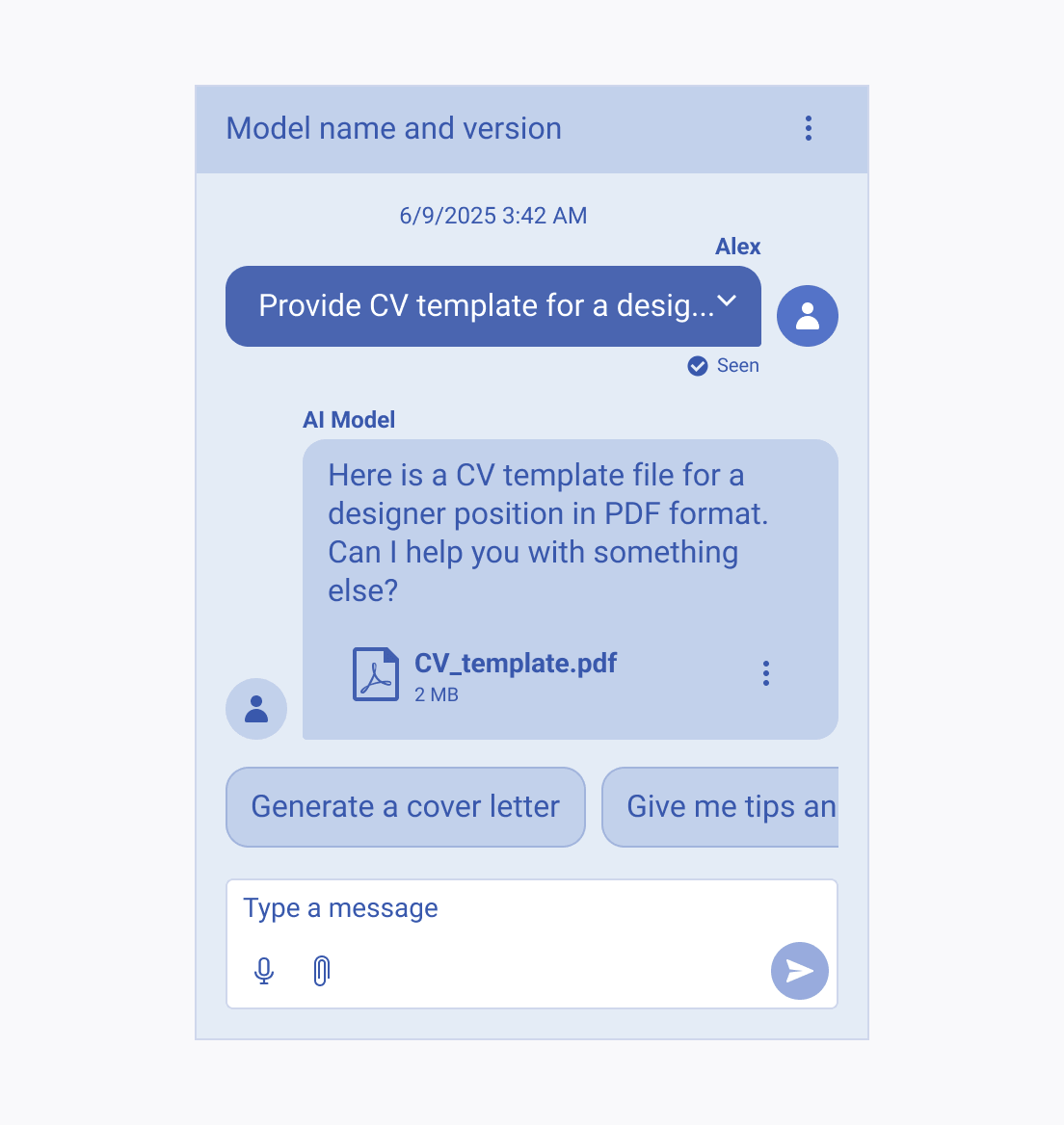 Do not use time message and status elements in the context of simultaneous communication such as person-to-bot or person-to-AI model conversation. Telerik and Kendo UI Chat using time message and status of prompt message in person-to-AI model conversation.